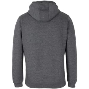 A grey hoodie featuring a half zip design and a hood, with a logo on it.