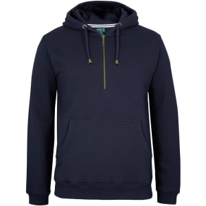 A navy blue 1/2 zip hoodie featuring a front pocket and a drawstring hood, with a logo on the label.