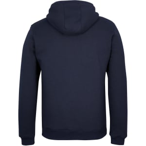 A navy blue 1/2 zip hoodie with a hood and a simple design, featuring a logo on the garment.