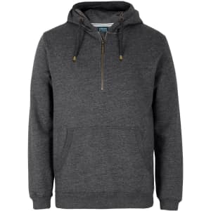 A dark grey 1/2 zip hoodie featuring a hood, a front pouch pocket, and a logo.