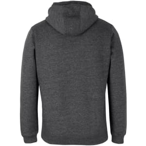 A grey 1/2 zip hoodie with a hood, featuring a logo on the back.