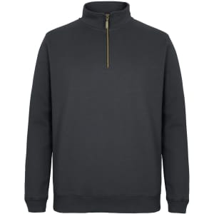 A dark grey 1/2 zip sweatshirt with a high collar and a zipper, featuring a brand logo.
