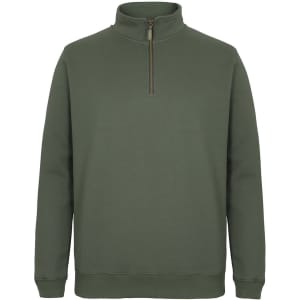 A green brass 1/2 zip jumper with long sleeves and a stand-up collar. It features a zip closure and has a logo.