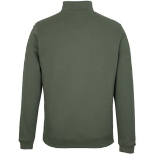 A green 1/2 zip sweat jumper with a high collar and long sleeves, featuring a logo on the back.