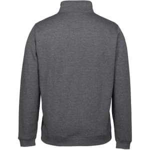 A grey 1/2 zip sweatshirt with a high collar and a plain back. It has a logo on the tag.