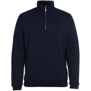 A navy blue half-zip sweatshirt with a high collar and a gold zipper, featuring a logo.
