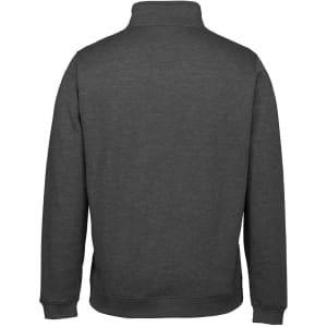 A charcoal grey 1/2 zip sweatshirt featuring a high collar and long sleeves, with a logo on the back.