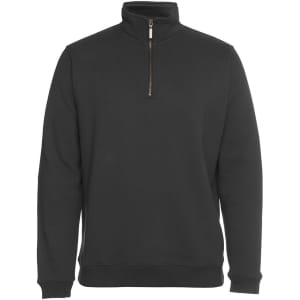 A black 1/2 zip sweatshirt featuring a high collar and a gold zip. It has a simple design with a branded logo.