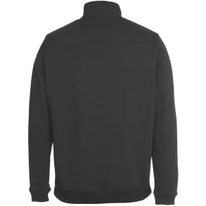 A black 1/2 zip sweat jumper with a high collar and ribbed hem, featuring a logo on the back.