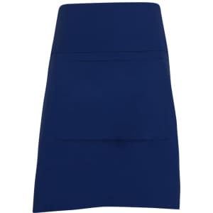 A navy blue short waist apron made from 100% cotton canvas, featuring a front pocket and a logo.