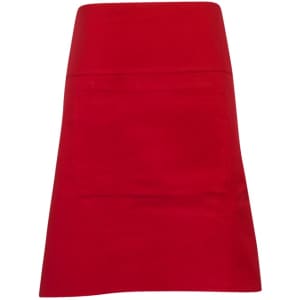 A red short waist apron made from 100% cotton canvas, featuring a front pocket and branding.