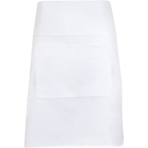 A white short waist apron made of 100% cotton canvas, featuring a single front pocket and a logo.