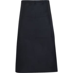 A long black waist apron made of 100% cotton canvas, featuring a single front pocket and a branding logo.
