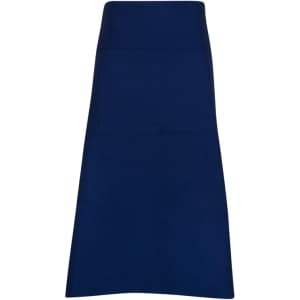 A long waist apron made from 100% cotton canvas in dark navy, featuring a front pocket and a simple design.