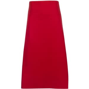 A long waist apron made from 100% cotton canvas in bright red, featuring a logo on the front.