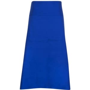 A long waist apron in vibrant blue, made from 100% cotton canvas, featuring a front pocket and a logo.