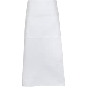 A long white apron made of 100% cotton canvas with a front pocket and a plain design.