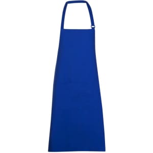 A blue full-bib apron made of 100% cotton canvas with a front pocket and an adjustable neck strap.