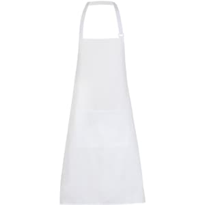 A white full-bib apron made of 100% cotton canvas, featuring a front pocket and adjustable straps.