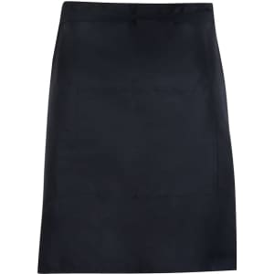 A black short waist apron made from 190 gsm poly/cotton, featuring a front pocket and a logo.