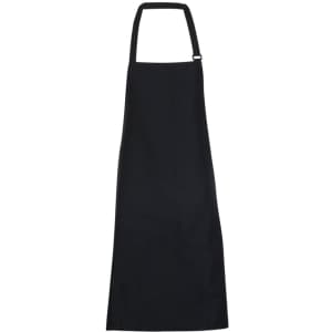 A black full-bib apron made of 190 gsm poly/cotton, featuring a neck strap and adjustable buckle.