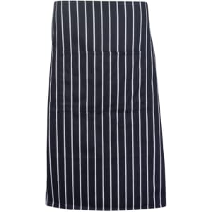 A striped full-waist apron in black and white, featuring vertical stripes and a simple design. It has a logo.