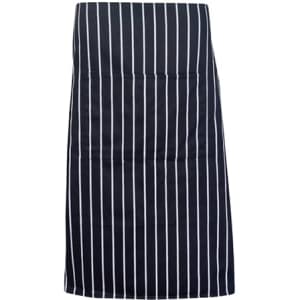 A striped full-waist apron in black and white with vertical stripes. It includes a logo.