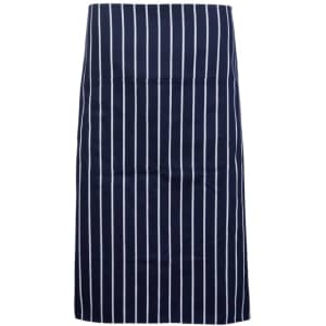 A striped full-waist apron in navy and white, featuring a logo. Suitable for workwear use.