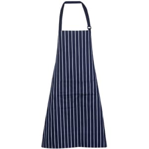 A navy and white striped full bib apron with an adjustable neck strap and a front pocket.