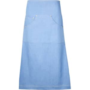 A light blue denim apron with a long design featuring a large front pocket and a logo.