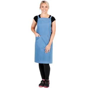 A model wearing a blue denim apron with straps, featuring a front pocket, paired with black leggings and shoes.