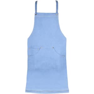 A denim apron in light blue with a front pocket and metal fasteners. The apron features adjustable straps and a simple design.