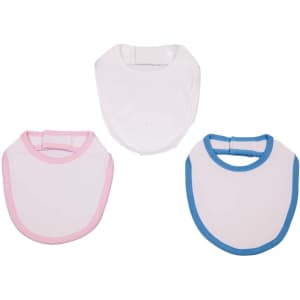 Three baby bibs in white, pink, and blue, with contrasting trims and a logo on each bib.