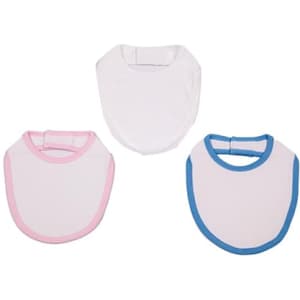 Three baby bibs in white, pink, and blue, featuring contrasting edges and a logo on each.