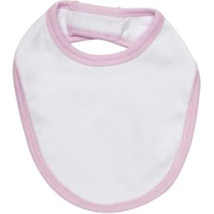 A white baby bib with pink trim and an opening at the top. It features a logo.