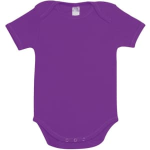 A purple baby short sleeve romper with a snap bottom and a logo on the tag.