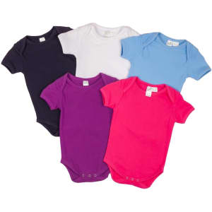 A collection of five baby short sleeve rompers in navy, white, light blue, purple, and bright pink, featuring snap closures.