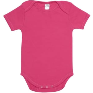 A pink baby short sleeve romper with snap closures at the bottom and a rounded neckline.