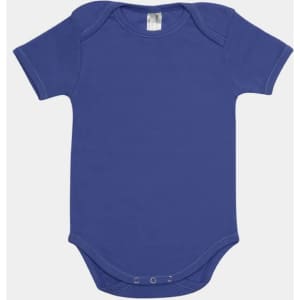 A baby short sleeve romper in a vibrant blue, featuring snap closures at the bottom and a smooth fabric finish.