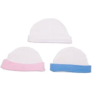 A set of three baby caps in white, pink, and blue. Each cap features a rolled brim and is soft in texture.
