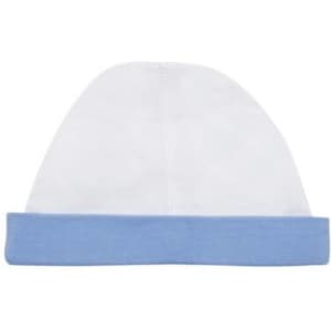 A baby cap in white with a light blue band at the bottom, featuring a simple, smooth design.