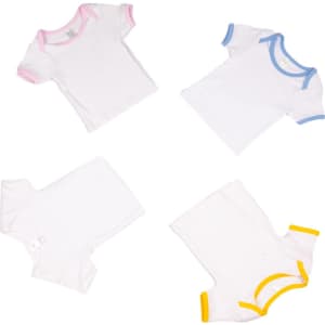 A set of baby short sleeve tees in white, with pink, blue, and yellow trims, featuring a logo on one shirt.