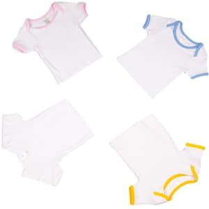 Four baby short sleeve tees in white, featuring pink, blue, and yellow trim. Each has a different collar style and includes logos.