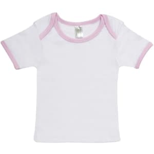 A white baby short sleeve tee with pink trim, featuring a tag inside and no visible branding.