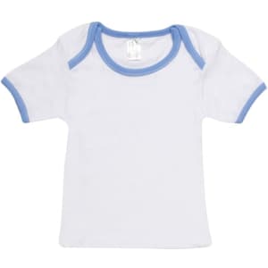 A white baby short sleeve tee with light blue trim and a small logo on the collar.