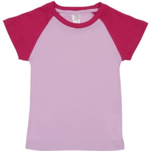 A raglan T-shirt in light purple with hot pink sleeves, featuring a logo on the label inside.