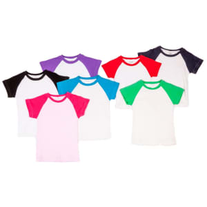 A collection of babies' raglan T-shirts in various colours with contrasting sleeves, featuring a logo on some.