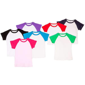 A collection of babies' raglan t-shirts in various colours, featuring short sleeves and a white body with contrasting sleeves.