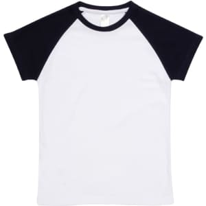 A white raglan T-shirt with black sleeves, featuring a tag inside and a simple design.