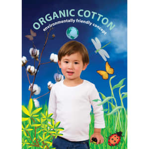 A long-sleeve white T-shirt is worn by a child standing amidst a nature-themed background with greenery and animals.